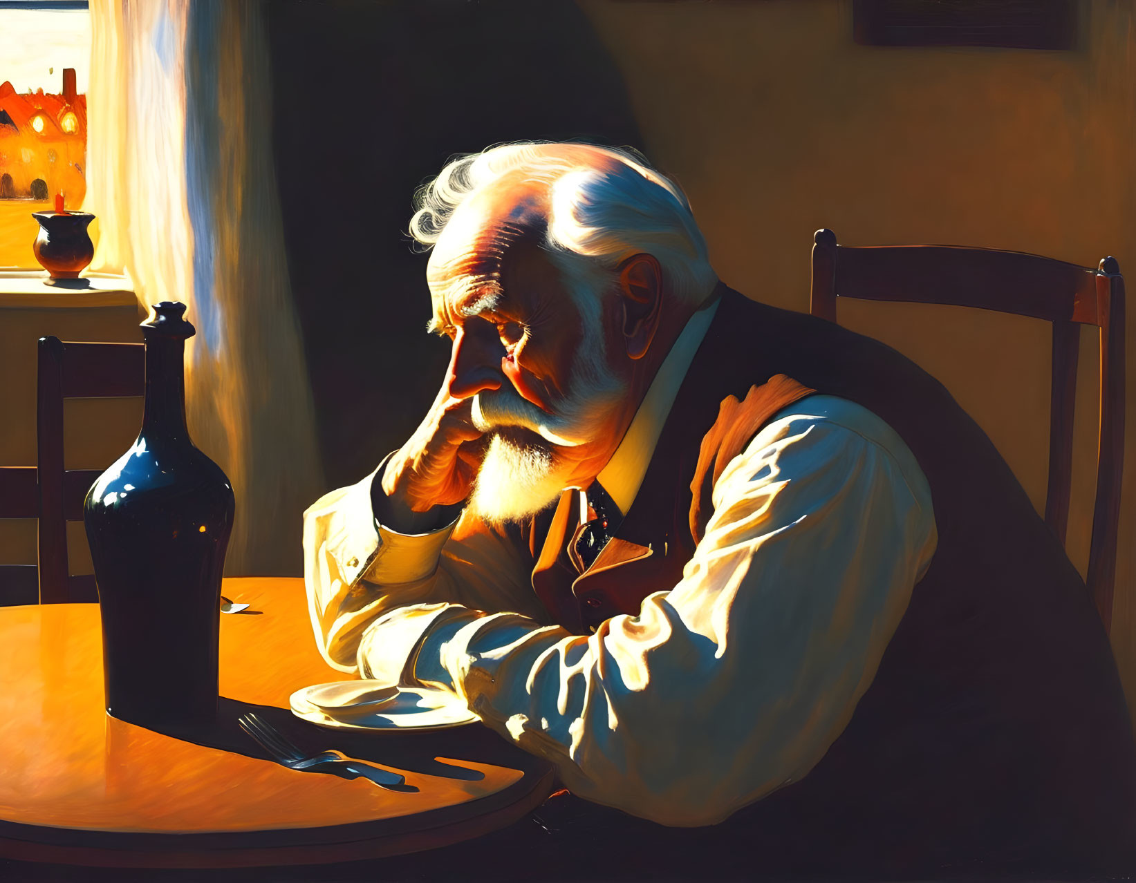 Elderly man with white beard sitting pensively at table in warmly lit room