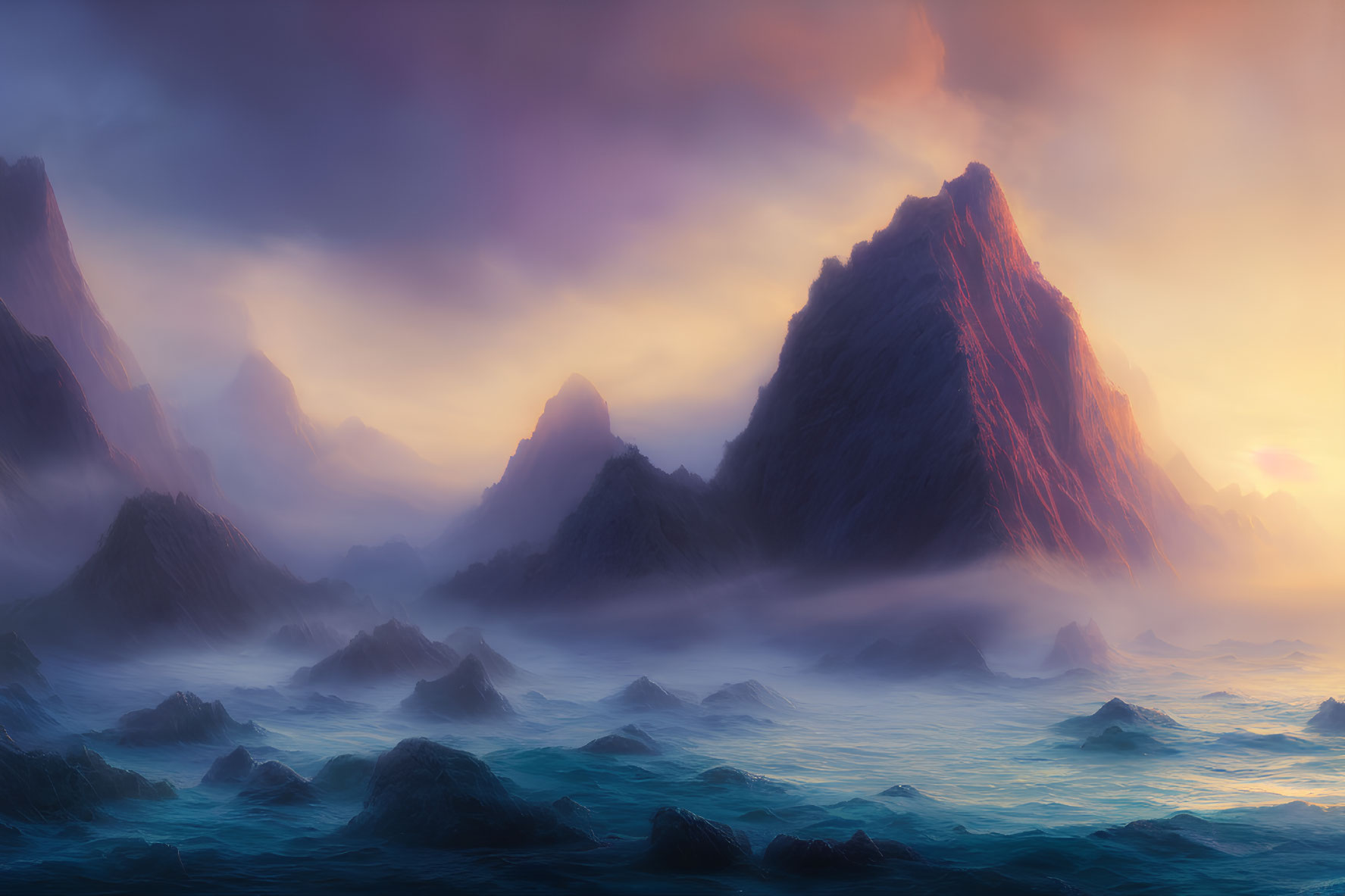 Tranquil digital artwork of misty mountains over dusky sea