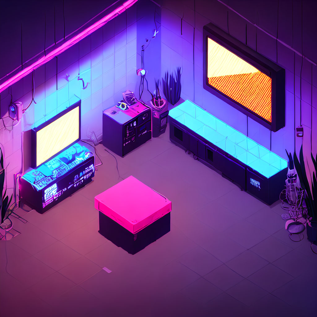 Neon-lit cyberpunk room with screens, pink table, plants & ambient lighting