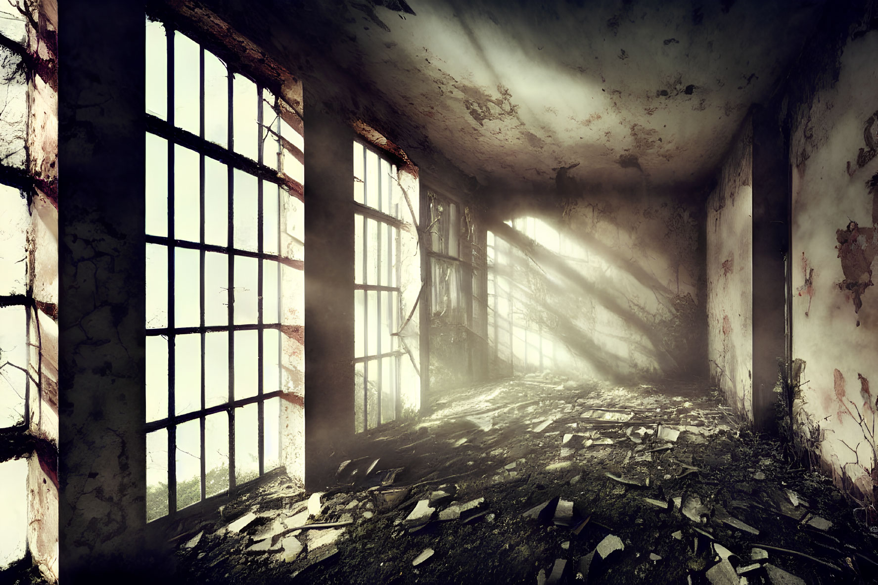 Abandoned room with sunlight, debris, and peeling walls