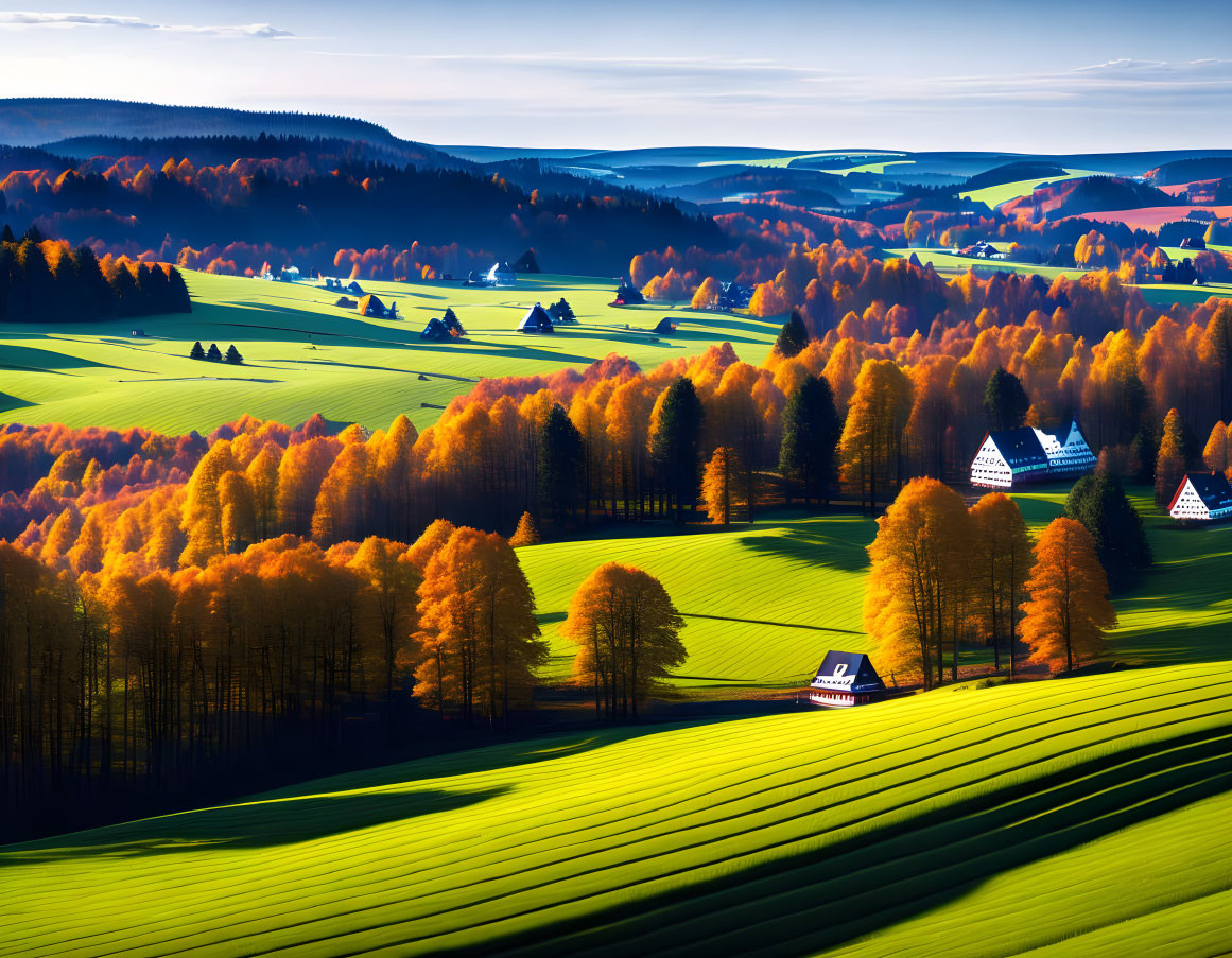 Autumn trees on green hills with shadows and small houses.