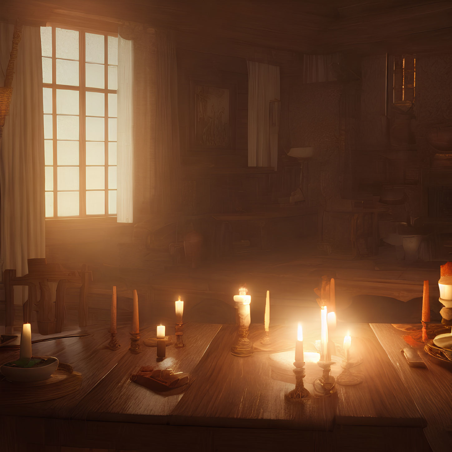 Cozy Room with Sunlit Table and Candles