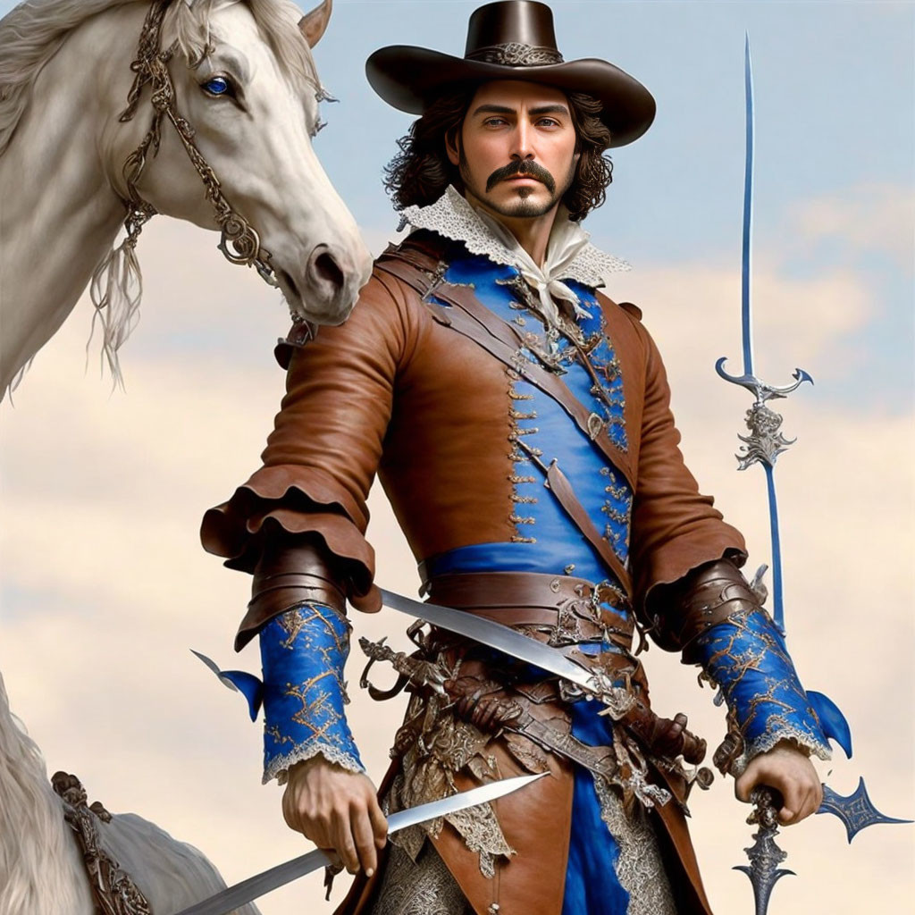 Traditional Musketeer Attire Digital Illustration with Sword-Wielding Man and Horse