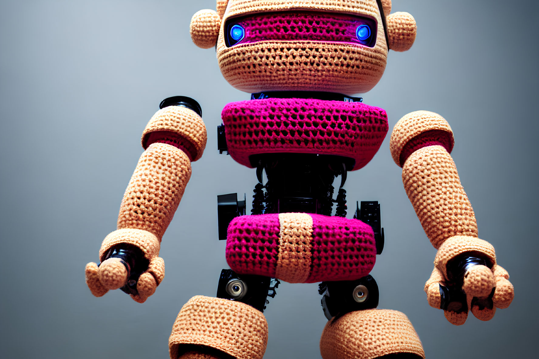 Crochet-covered robot with blue illuminated eyes on neutral background
