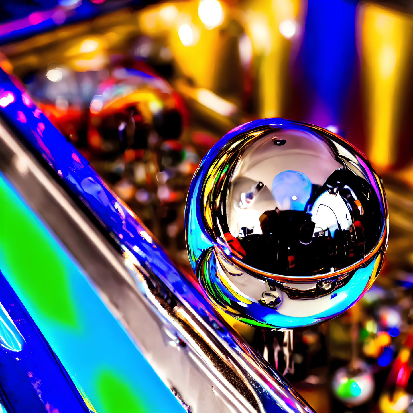 Colorful Pinball Machine with Shiny Silver Ball and Arcade Lights
