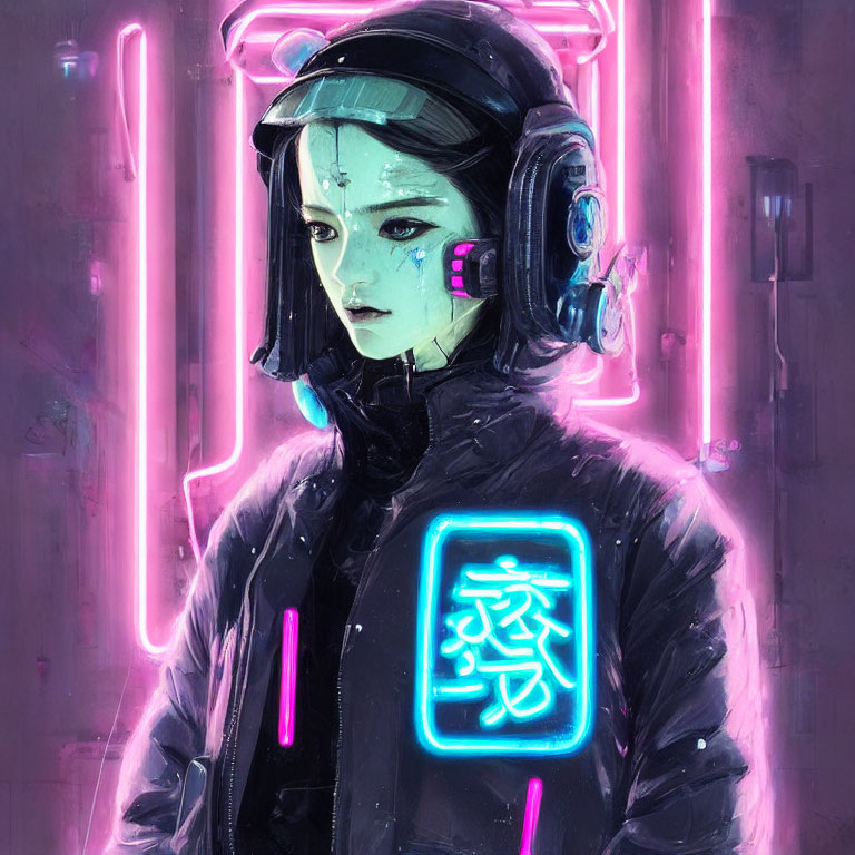 Cyberpunk-themed digital artwork with neon lighting and Asian script.