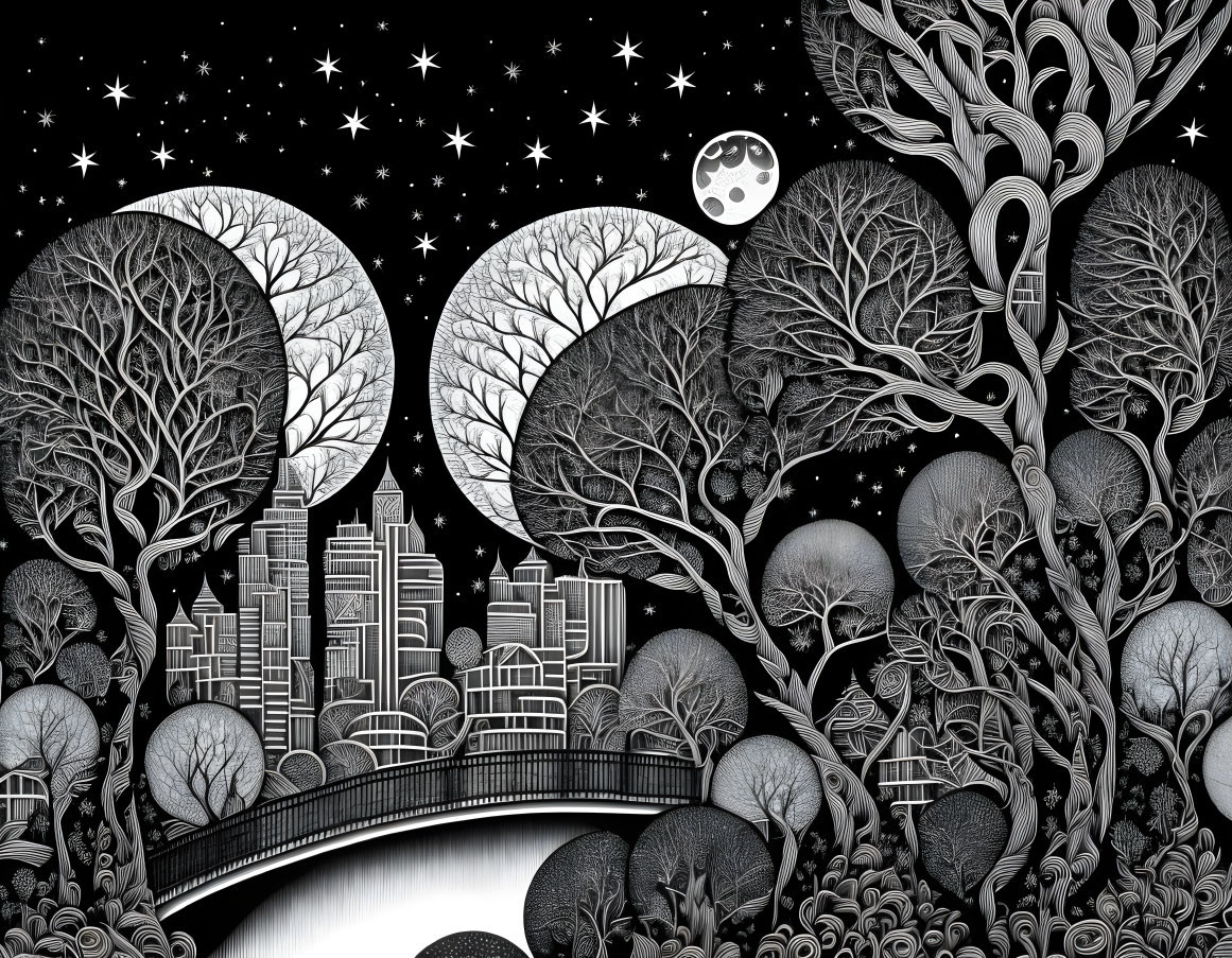 Monochrome surreal night scene with trees, moons, stars, city skyline, and bridge