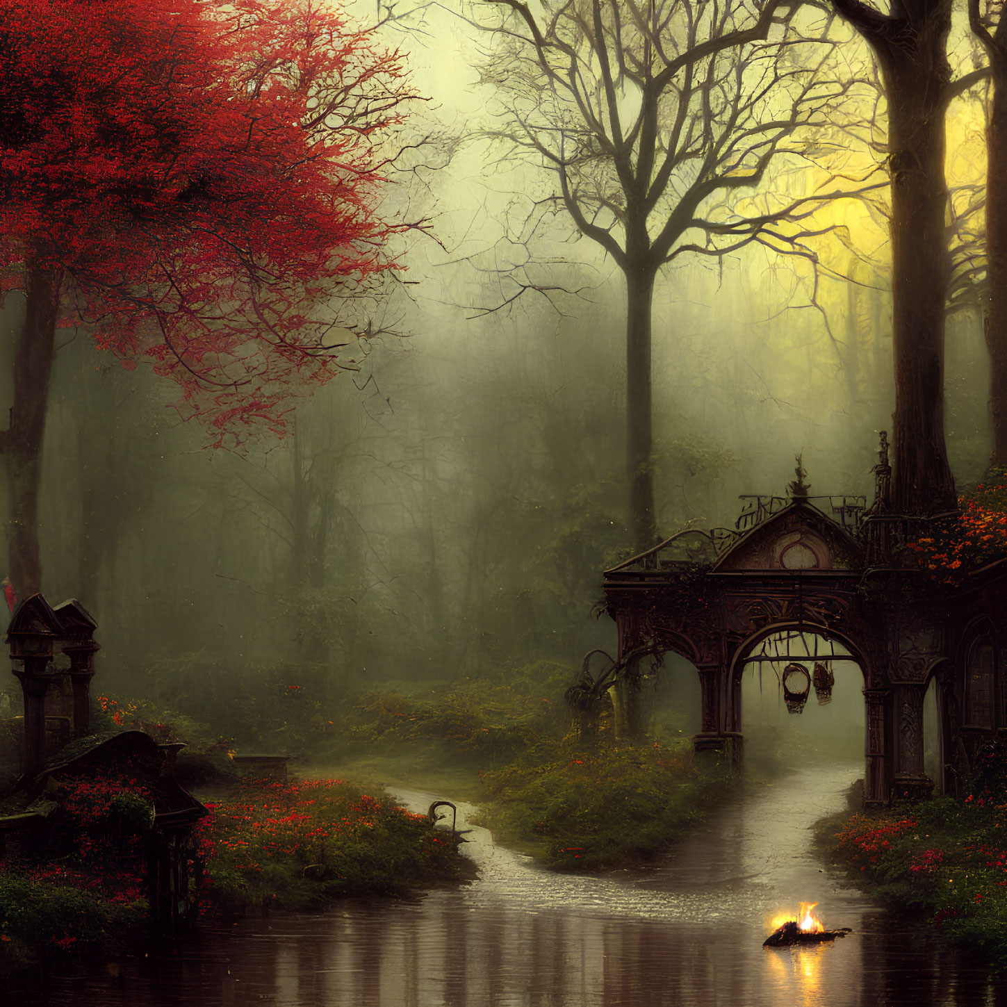 Misty forest scene with red tree, gazebo, river, and swan at twilight
