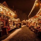 Festive holiday market on snowy cobblestone street