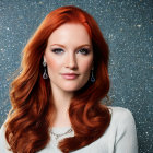 Red-haired woman in white outfit on blue sparkly background