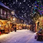Charming Christmas Market at Night with Snow and Lit Tree