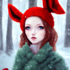 Digital painting of young woman in red bunny hat against snowy forest.