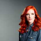 Vibrant red-haired woman in denim shirt on grey background