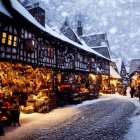 Charming European Village with Christmas Decorations and Snowfall