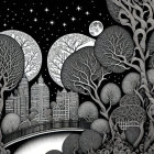 Monochrome surreal night scene with trees, moons, stars, city skyline, and bridge