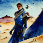 Futuristic illustration of a man in blue outfit in desert with flying vehicles and travelers under starry