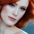 Vibrant red-haired woman with blue eyes and purple eyeshadow portrait