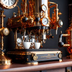 Steampunk-style coffee machine with brass accents brewing coffee into a white cup