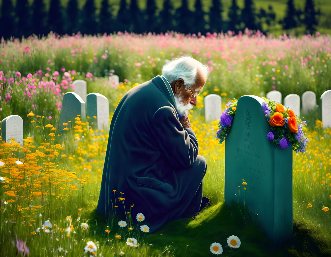 Elderly man grieving at gravestone in vibrant cemetery