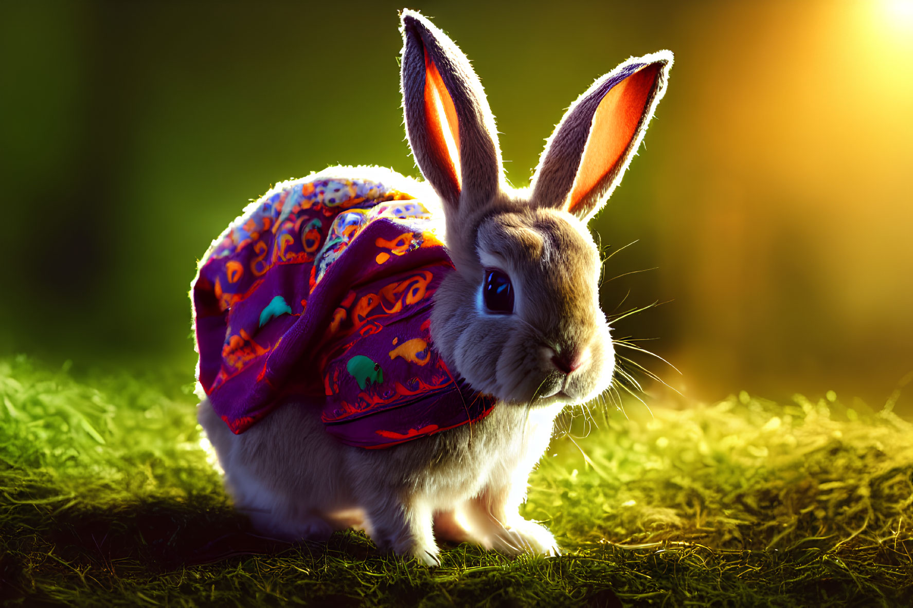 Colorful Outfit Rabbit on Grass in Sunny Background