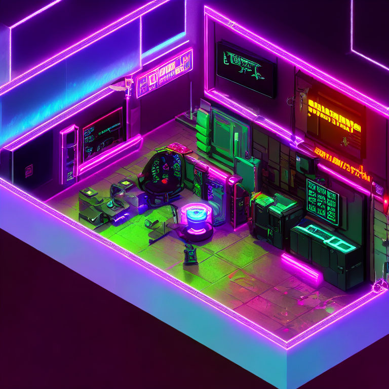 Futuristic Cyberpunk Room with Neon Lighting & Gaming Setup
