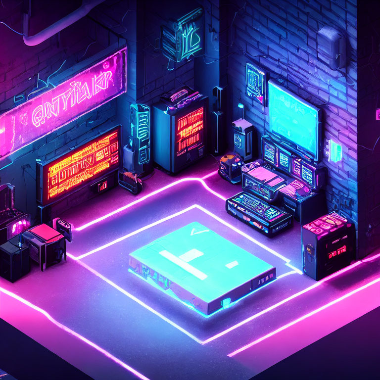 Neon-Lit Cyberpunk Alley with Glowing Signs and Arcade Machines