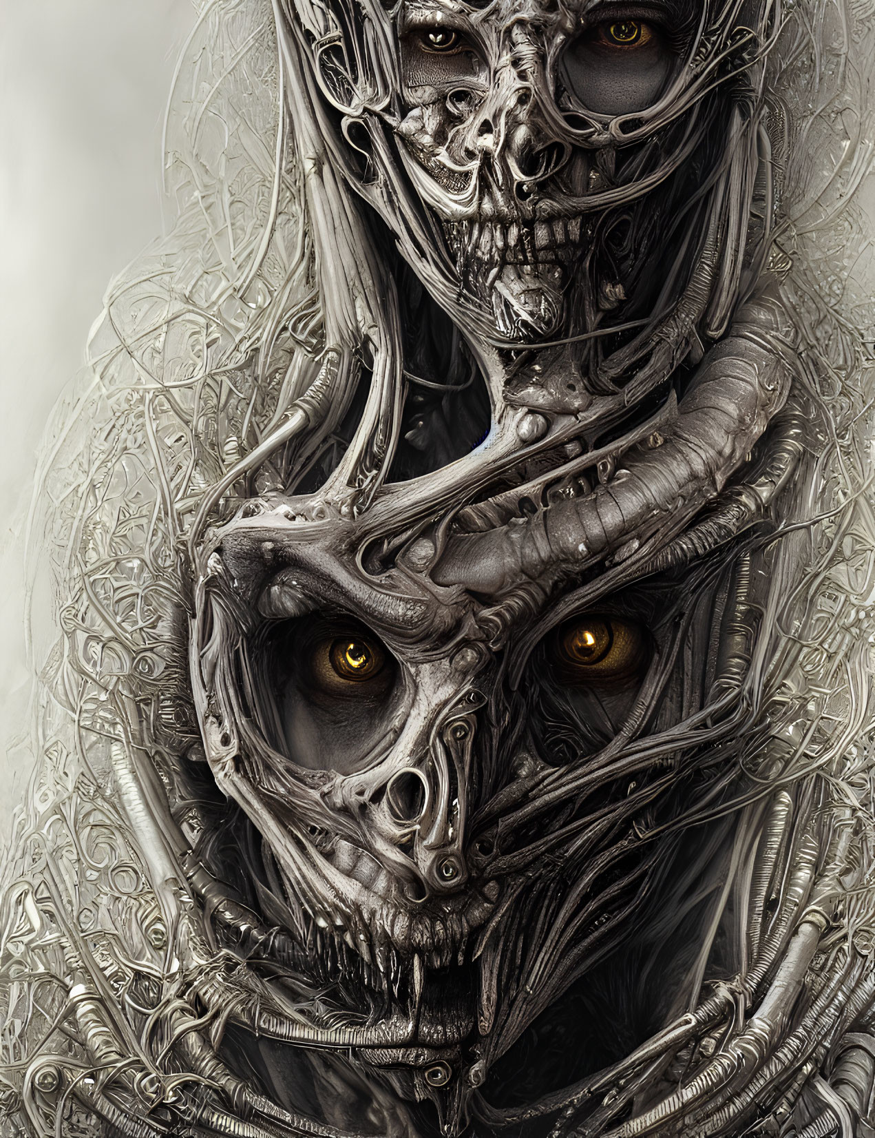 Detailed digital art: Two robotic skulls with intricate designs and glowing yellow eyes
