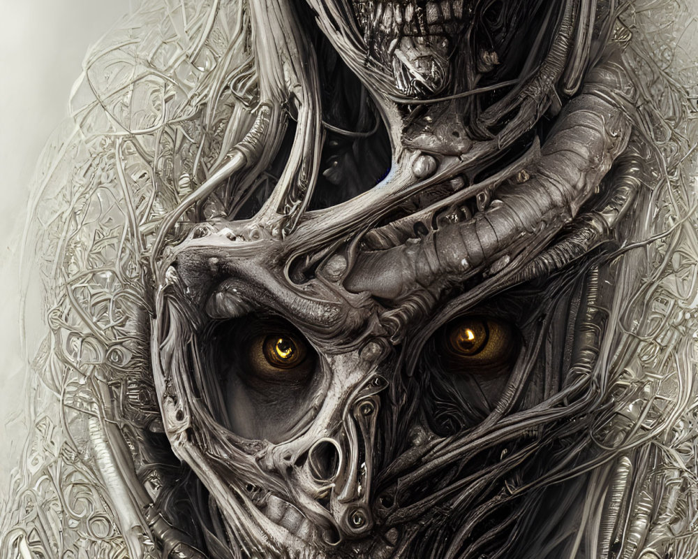 Detailed digital art: Two robotic skulls with intricate designs and glowing yellow eyes