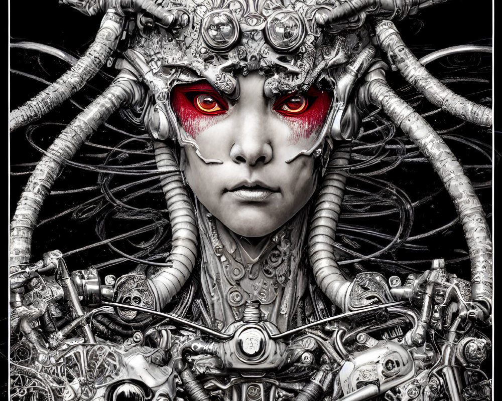 Detailed Cyborg with Red Eyes and Mechanical Parts