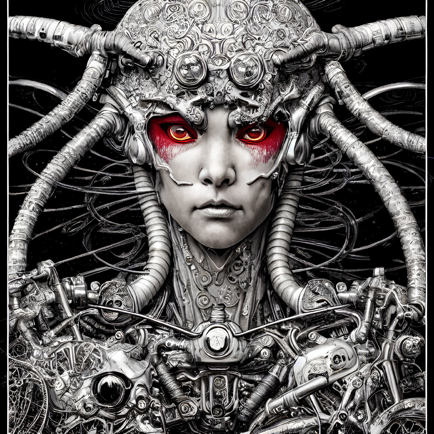 Detailed Cyborg with Red Eyes and Mechanical Parts