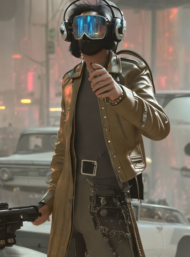 Futuristic person in leather jacket with VR goggles and weapon in neon cityscape