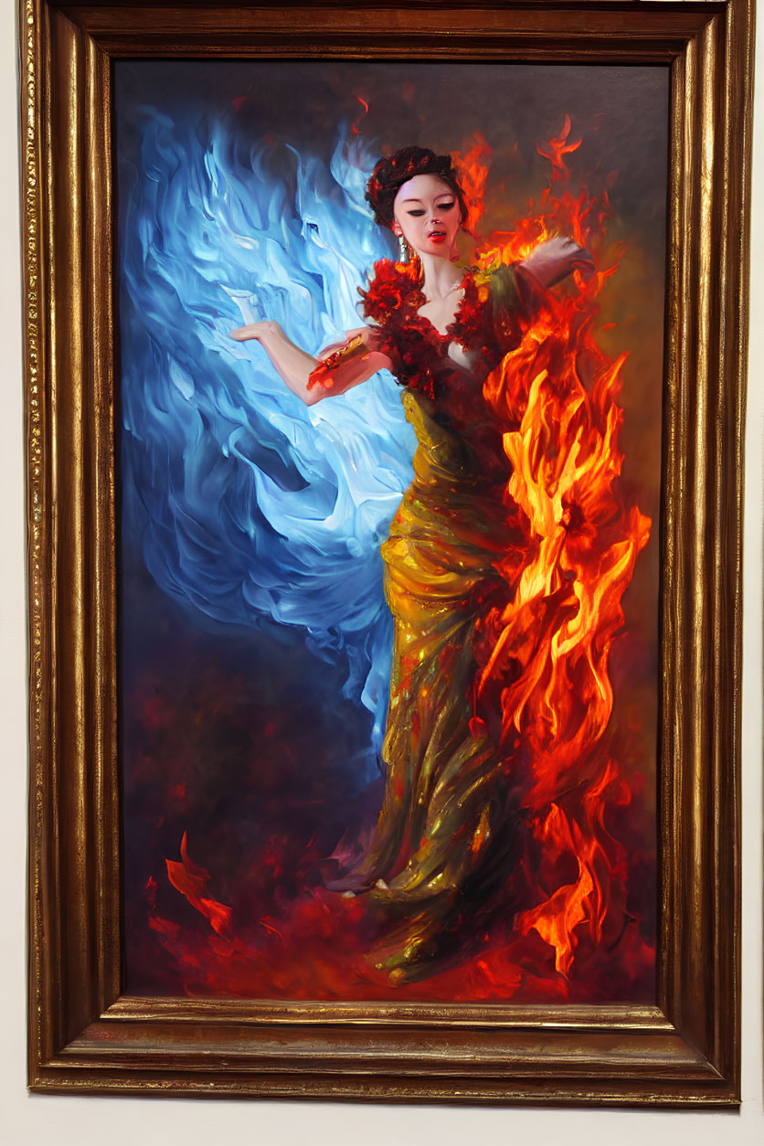 Colorful painting of woman in flowing dress, fire and water elements, blue and red contrast, displayed