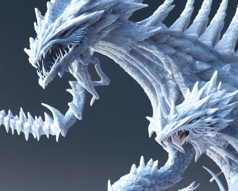 Detailed image of fierce ice dragon with sharp scales, imposing horns, and red eyes on blue background