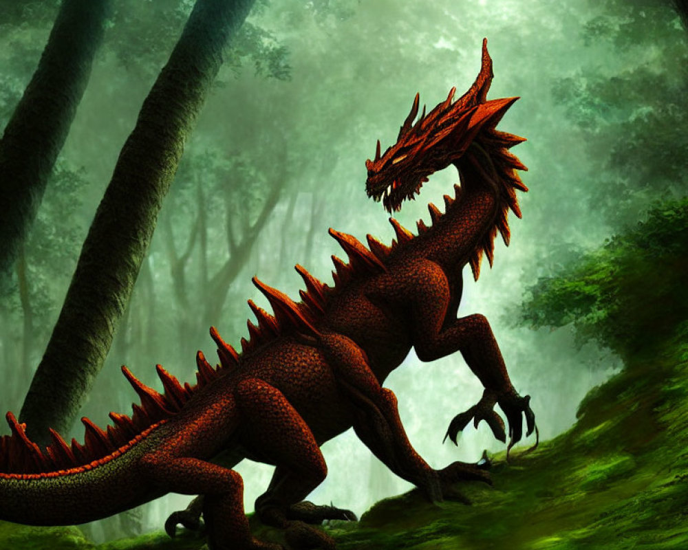 Red Dragon in Misty Green Forest: Glowing Ominous Scales