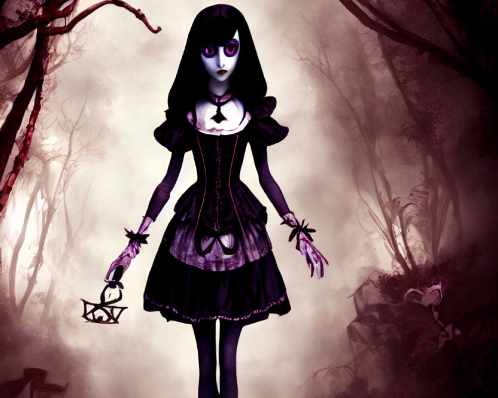 Gothic animated girl with purple eyes in misty forest with spooky cat