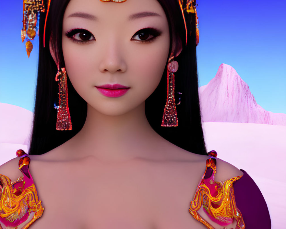 Asian woman in ornate headdress and jewelry against snowy mountain.