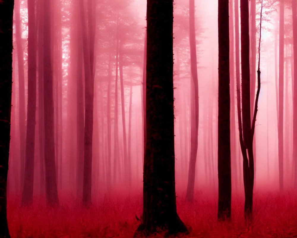 Misty pink forest with tall trees in ethereal ambiance