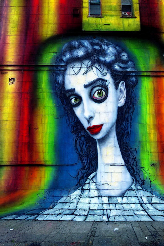 Colorful street art mural of stylized woman's face with green eyes and red lips