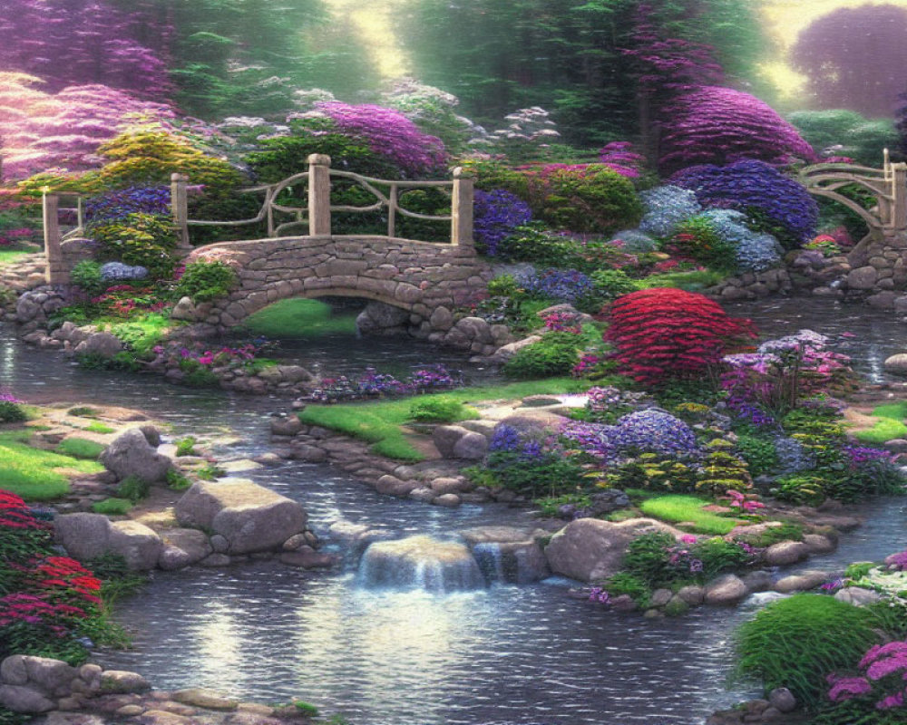 Tranquil garden scene with stone bridge and vibrant flora