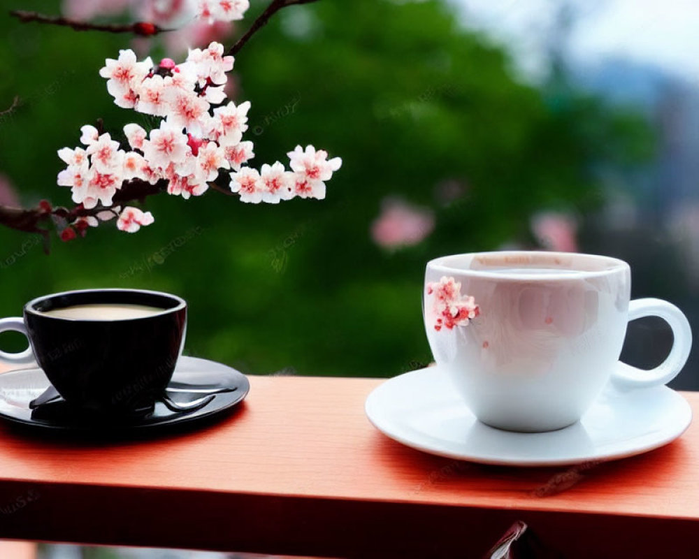 Coffee cups on balcony rail with cherry blossoms and urban backdrop