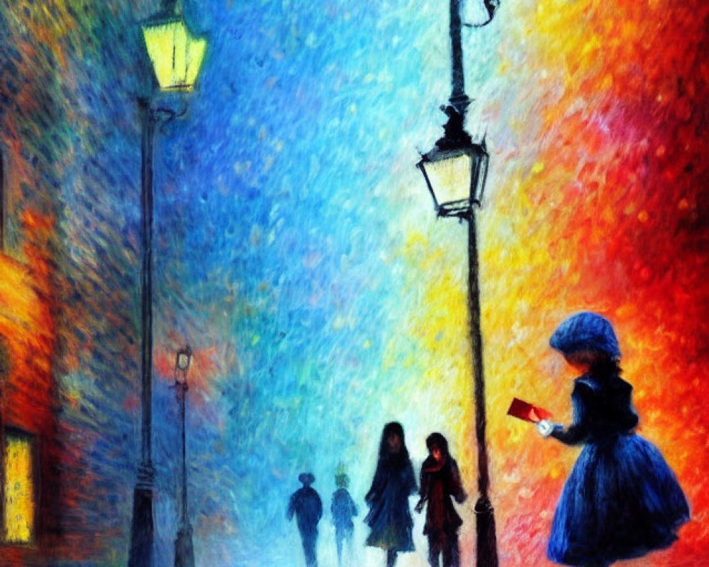 Rainy street scene painting with glowing lampposts and child in blue coat.
