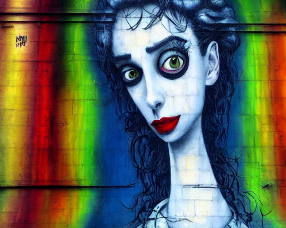 Colorful street art mural of stylized woman's face with green eyes and red lips