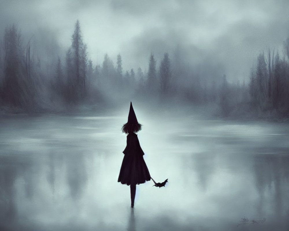 Mysterious figure in pointed hat on reflective water surface among foggy forest landscape