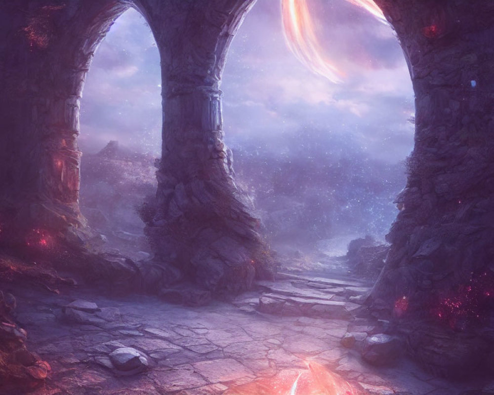 Mystical ruin with archways, glowing embers, and cosmic backdrop.