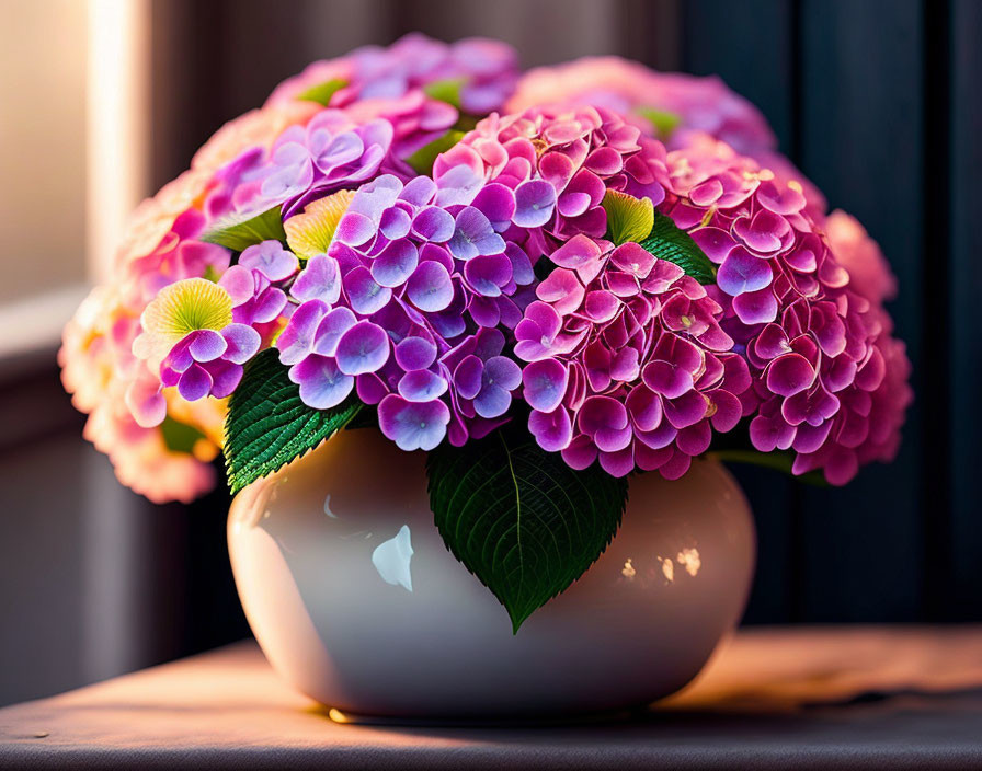 Blooming purple hydrangea in white vase by window with dark blinds