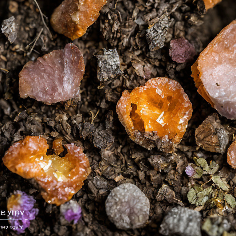 Orange crystal-like minerals in dark earth with vibrant color contrasts