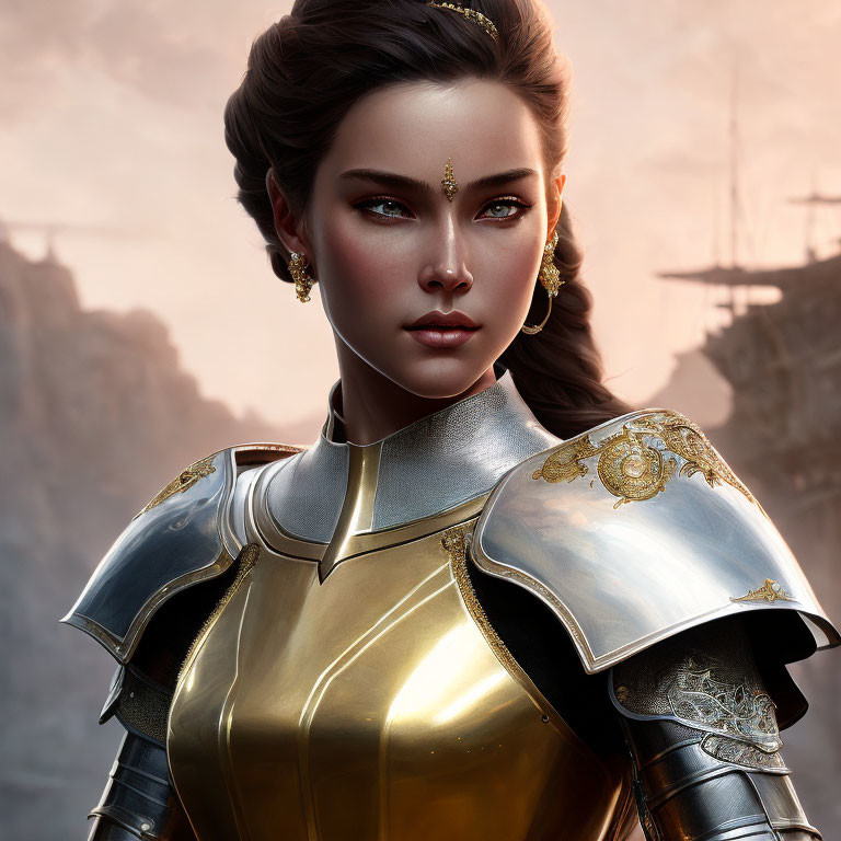 Digital artwork of woman in golden armor with brown hair & blue eyes