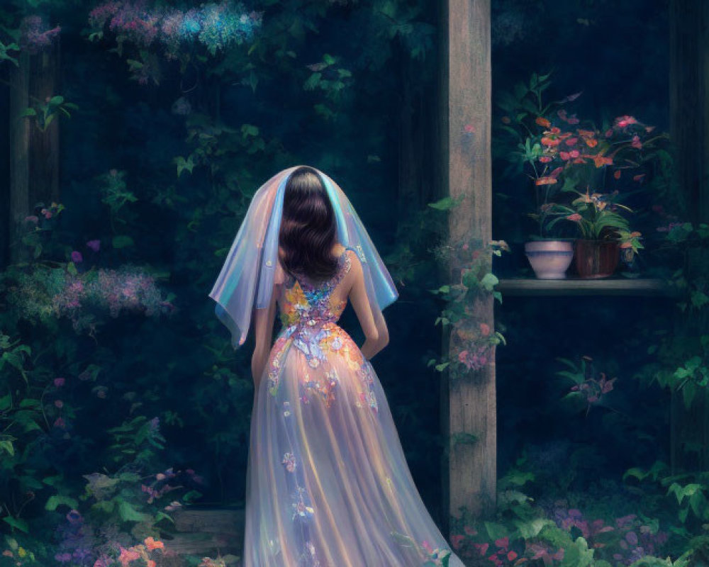 Bride in Sparkling Gown in Whimsical Garden Setting