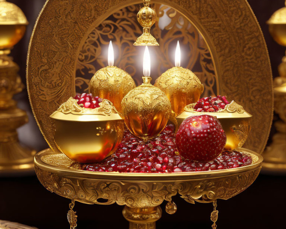 Golden ornate mirror with plate, lit candles, decorated eggs, red beads on luxurious backdrop