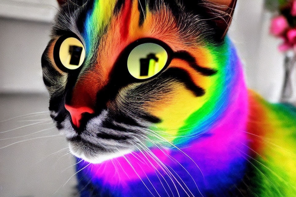 Multicolored cat with vibrant yellow eyes in rainbow hues